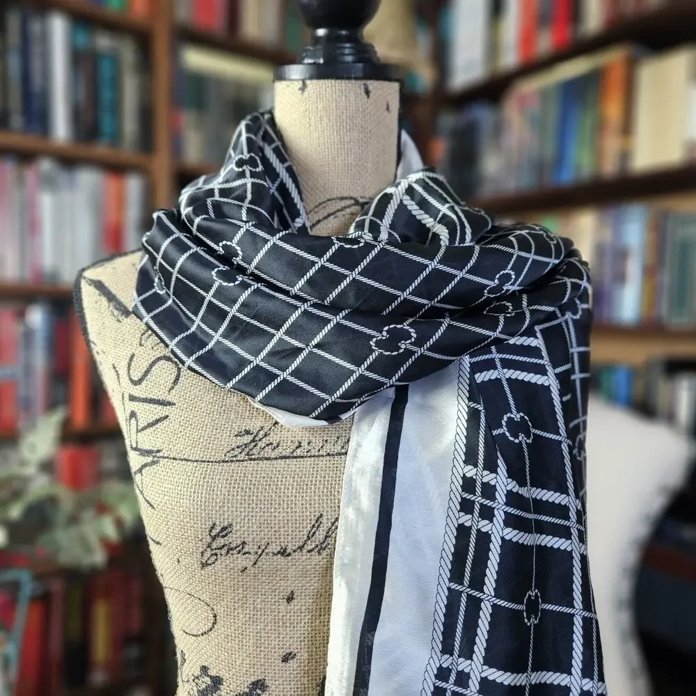 Oversized Scarf 100%‎ Silk Wrap Shawl Designer Style Black Nautical Gift 70x35